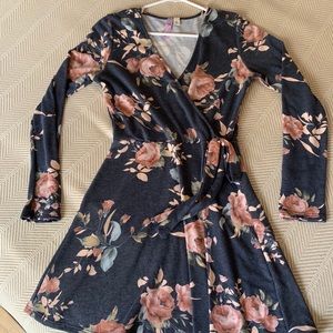 Alya blue floral faux-wrap dress with long sleeves